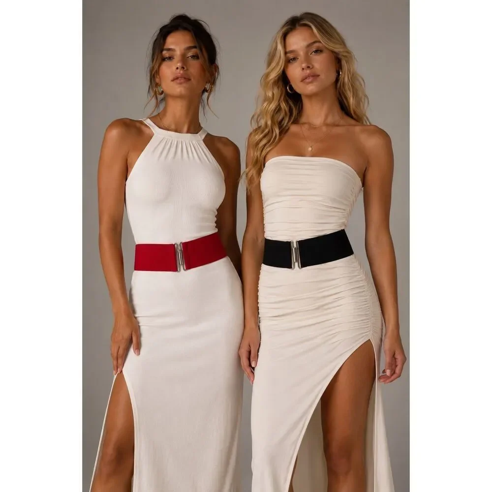 BUNDLE Black & Red Elastic Waist Chic Belt with Silver Buckle One Size